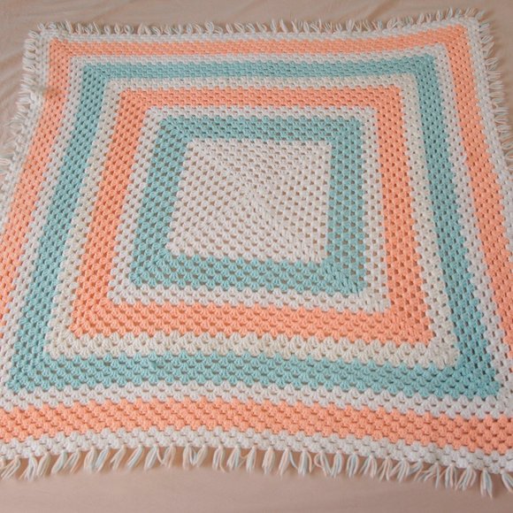 Vintage Handmade Handknit Peach, Blue & White Afghan Baby Blanket 38" x 38" - Picture 1 of 4